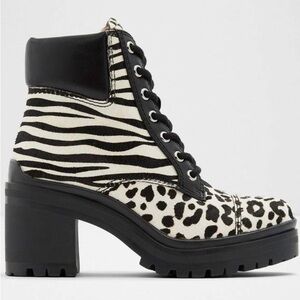 Aldo Brania Animal Ankle Boots White & Black Zebra Leopard Print Chunky Heel- 8